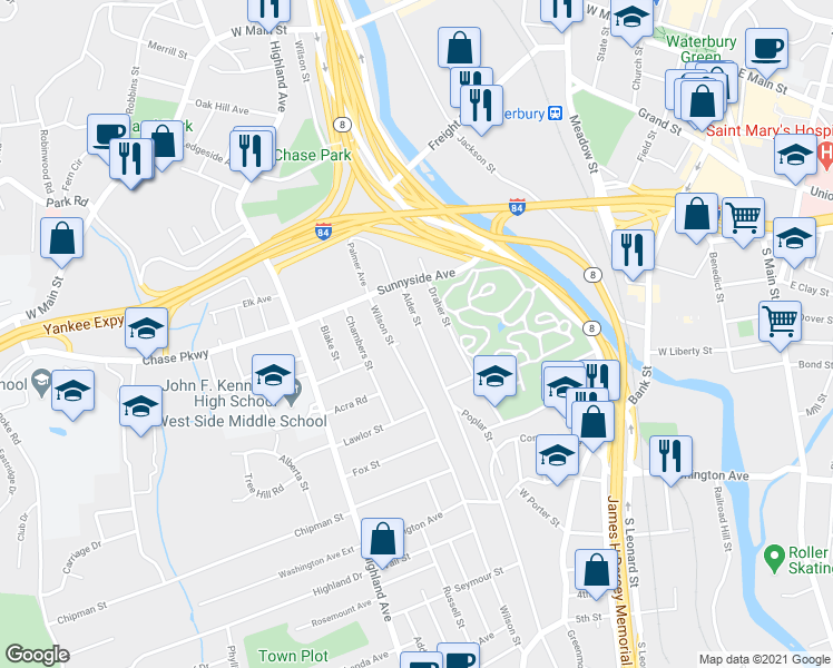 map of restaurants, bars, coffee shops, grocery stores, and more near 213 Alder Street in Waterbury