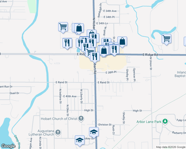 map of restaurants, bars, coffee shops, grocery stores, and more near 1502 East 38th Place in Hobart