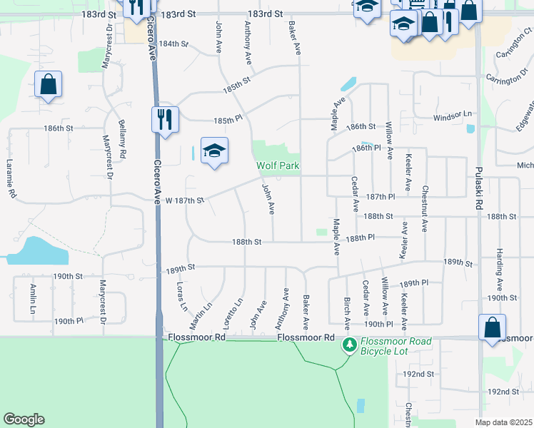 map of restaurants, bars, coffee shops, grocery stores, and more near 18740 John Avenue in Country Club Hills