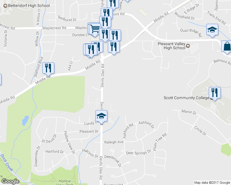 map of restaurants, bars, coffee shops, grocery stores, and more near 2505 Devils Glen Road in Bettendorf