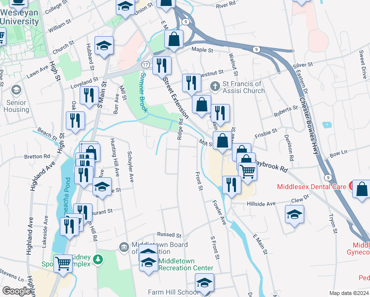 map of restaurants, bars, coffee shops, grocery stores, and more near 8 Crown Street in Middletown