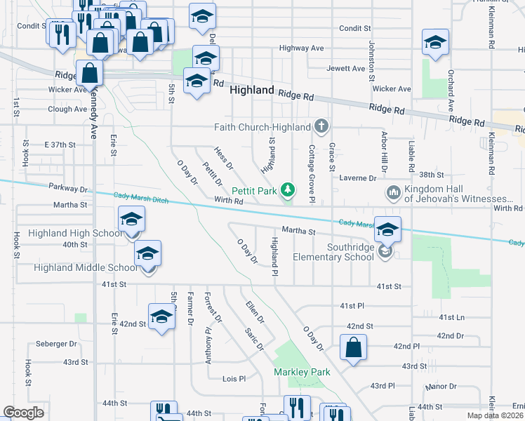 map of restaurants, bars, coffee shops, grocery stores, and more near 3200 Wirth Road in Highland