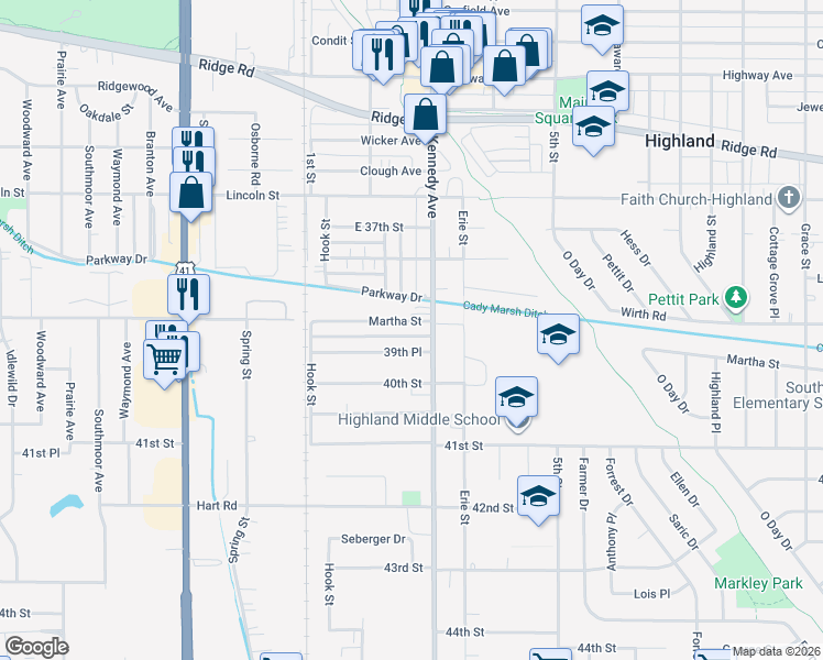 map of restaurants, bars, coffee shops, grocery stores, and more near 2732 Martha Street in Highland
