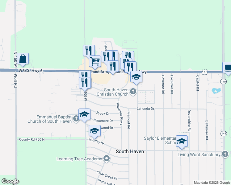 map of restaurants, bars, coffee shops, grocery stores, and more near 379 Raritan Dr in Valparaiso