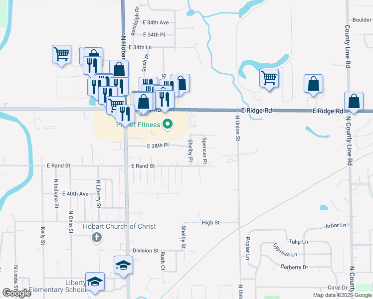 map of restaurants, bars, coffee shops, grocery stores, and more near 630 Shelby Place in Hobart