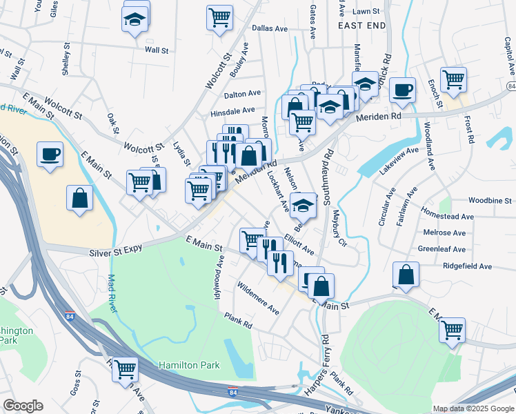 map of restaurants, bars, coffee shops, grocery stores, and more near 73 Woodward Avenue in Waterbury