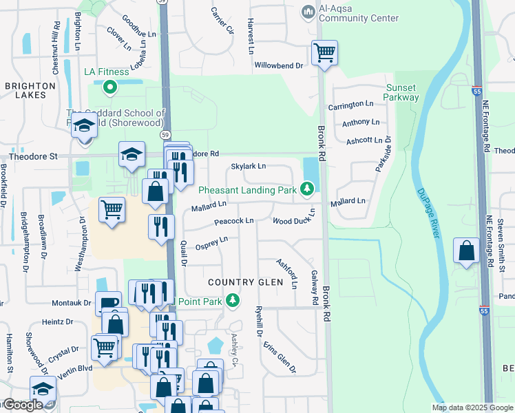 map of restaurants, bars, coffee shops, grocery stores, and more near 4514 Mallard Lane in Plainfield