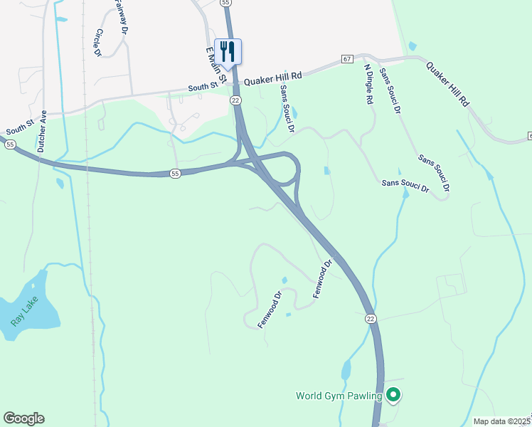 map of restaurants, bars, coffee shops, grocery stores, and more near 145 Old Route 22 in Pawling