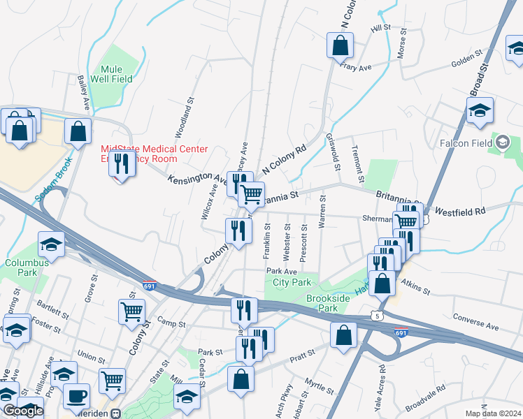 map of restaurants, bars, coffee shops, grocery stores, and more near 20 Sherman Avenue in Meriden