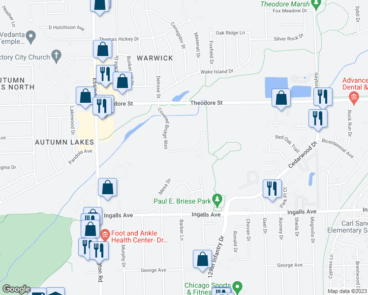 map of restaurants, bars, coffee shops, grocery stores, and more near 2963 Covered Bridge Way in Joliet