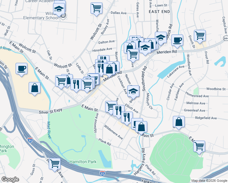 map of restaurants, bars, coffee shops, grocery stores, and more near 75 Woodward Avenue in Waterbury
