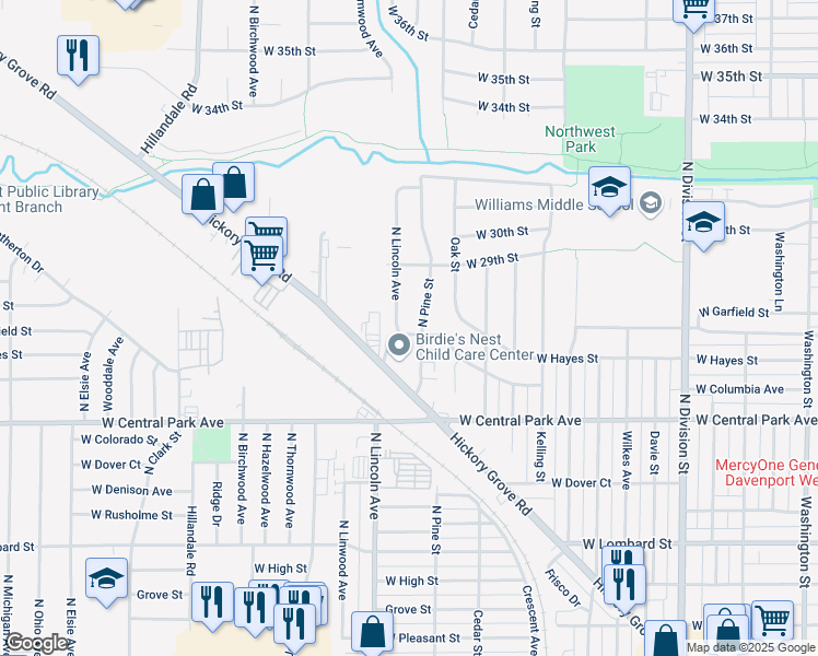 map of restaurants, bars, coffee shops, grocery stores, and more near 2310 West Columbia Avenue in Davenport