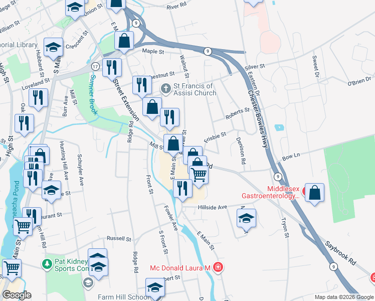 map of restaurants, bars, coffee shops, grocery stores, and more near 50 Saybrook Road in Middletown