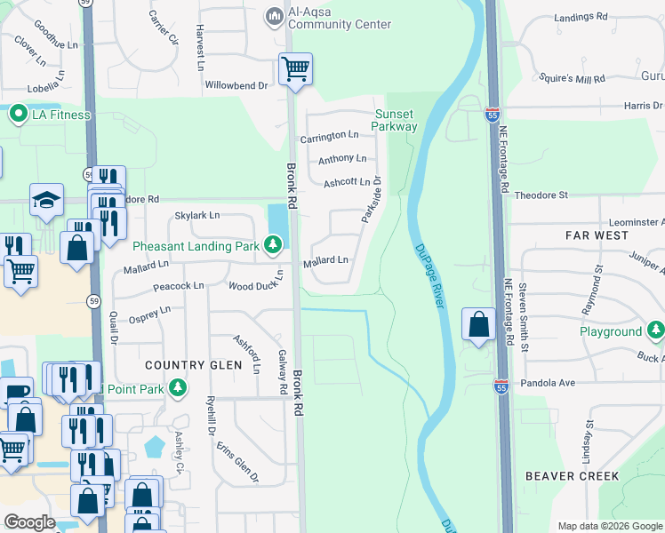 map of restaurants, bars, coffee shops, grocery stores, and more near 4306 Mallard Lane in Plainfield