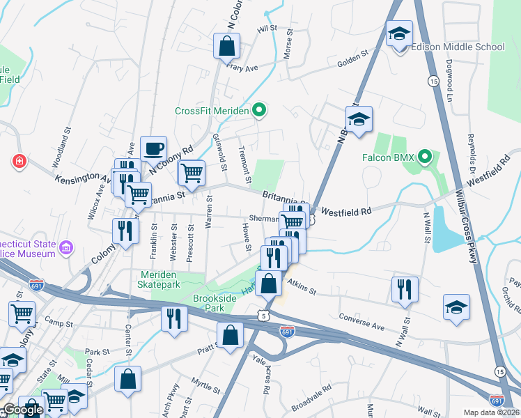 map of restaurants, bars, coffee shops, grocery stores, and more near 217 Britannia Street in Meriden