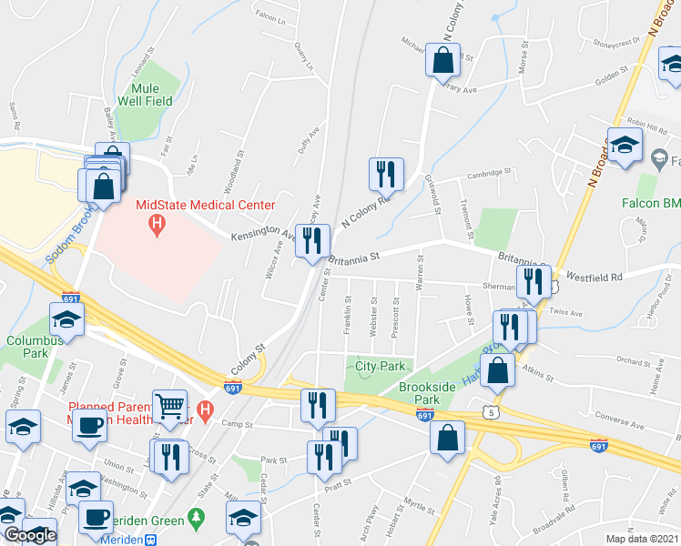 map of restaurants, bars, coffee shops, grocery stores, and more near 41 Britannia Street in Meriden