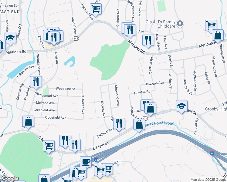 map of restaurants, bars, coffee shops, grocery stores, and more near 183 Moreland Avenue in Waterbury