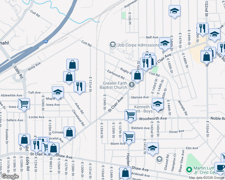 map of restaurants, bars, coffee shops, grocery stores, and more near 13409 Ashburton Road in Cleveland