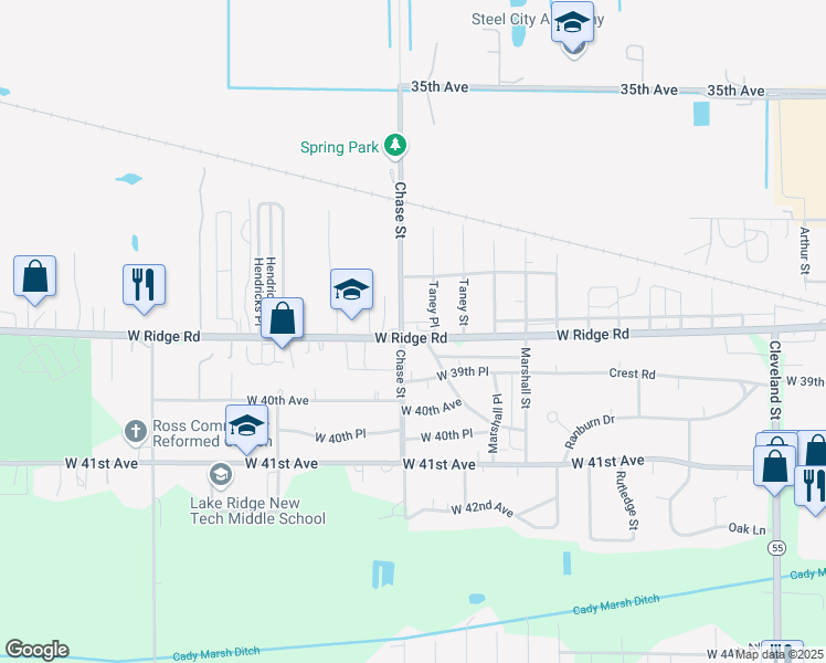 map of restaurants, bars, coffee shops, grocery stores, and more near 3833 Chase Street in Gary