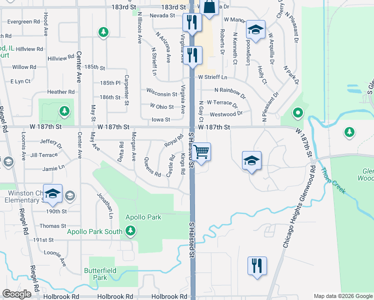 map of restaurants, bars, coffee shops, grocery stores, and more near 18743 Kings Road in Homewood