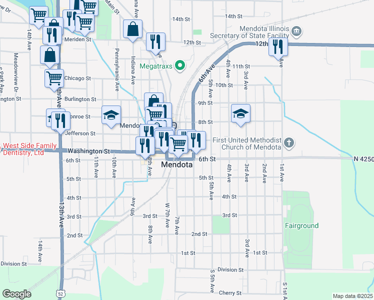 map of restaurants, bars, coffee shops, grocery stores, and more near 710 6th Avenue in Mendota