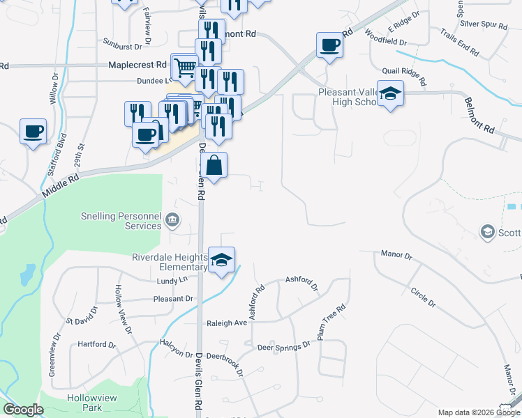 map of restaurants, bars, coffee shops, grocery stores, and more near 2505 Devils Glen Road in Bettendorf
