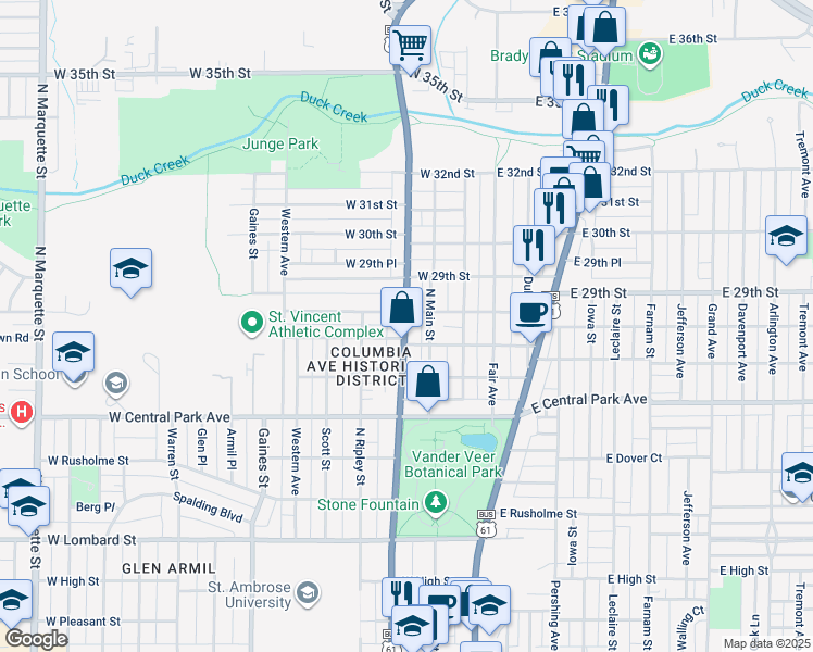 map of restaurants, bars, coffee shops, grocery stores, and more near 2730 North Main Street in Davenport