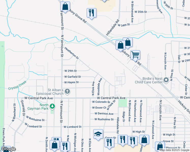 map of restaurants, bars, coffee shops, grocery stores, and more near 2814 North Elsie Avenue in Davenport