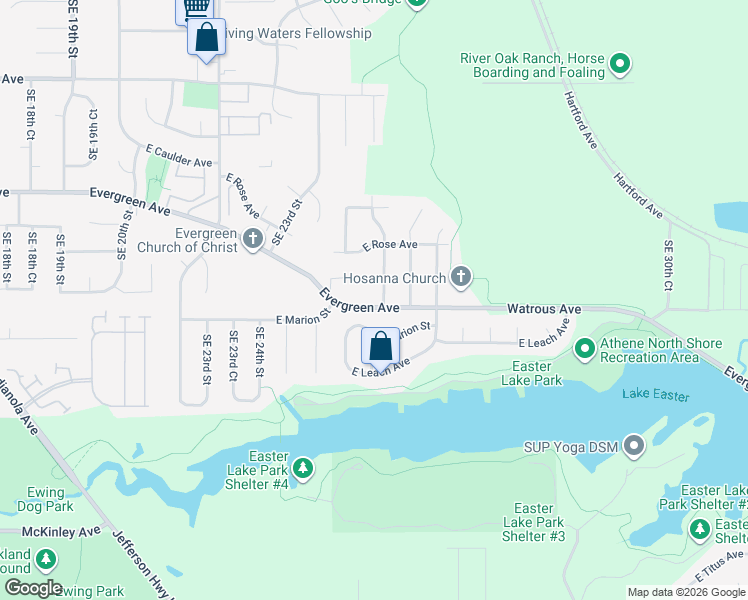 map of restaurants, bars, coffee shops, grocery stores, and more near 2400 Evergreen Avenue in Des Moines