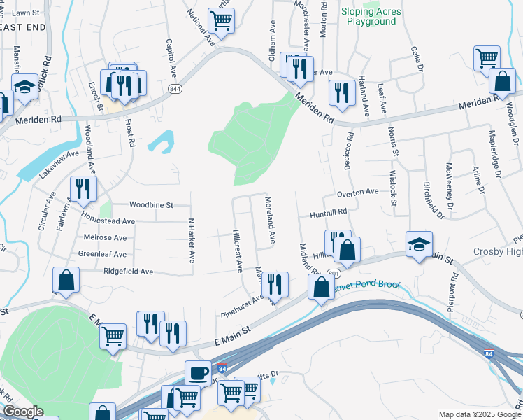 map of restaurants, bars, coffee shops, grocery stores, and more near 183 Moreland Avenue in Waterbury