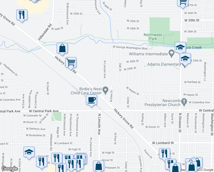 map of restaurants, bars, coffee shops, grocery stores, and more near 2705 North Lincoln Avenue in Davenport