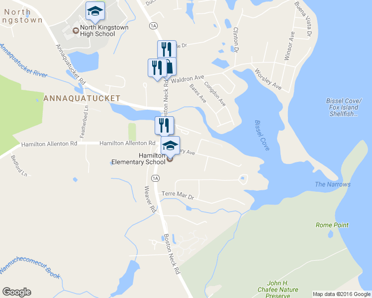 map of restaurants, bars, coffee shops, grocery stores, and more near 58 Salisbury Avenue in North Kingstown