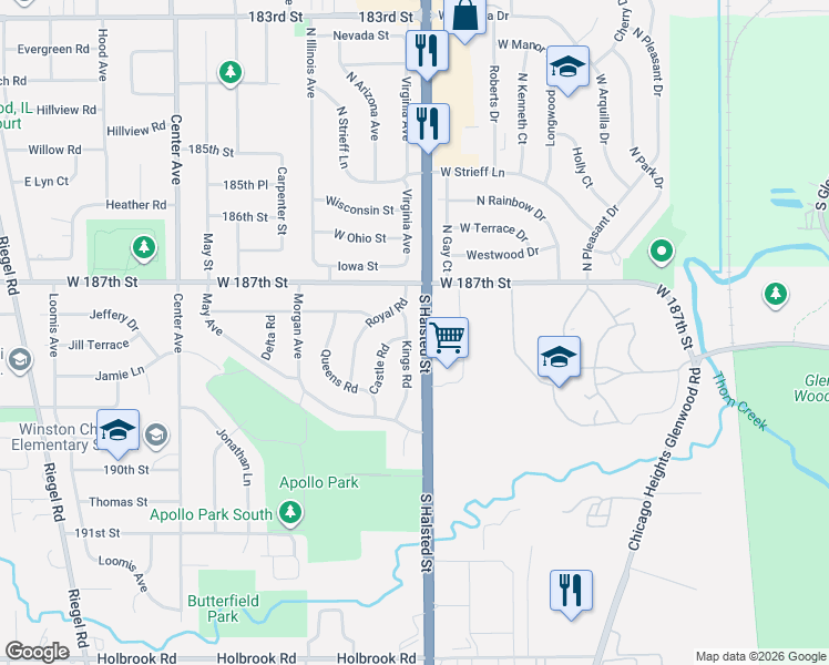 map of restaurants, bars, coffee shops, grocery stores, and more near 18743 Kings Road in Homewood