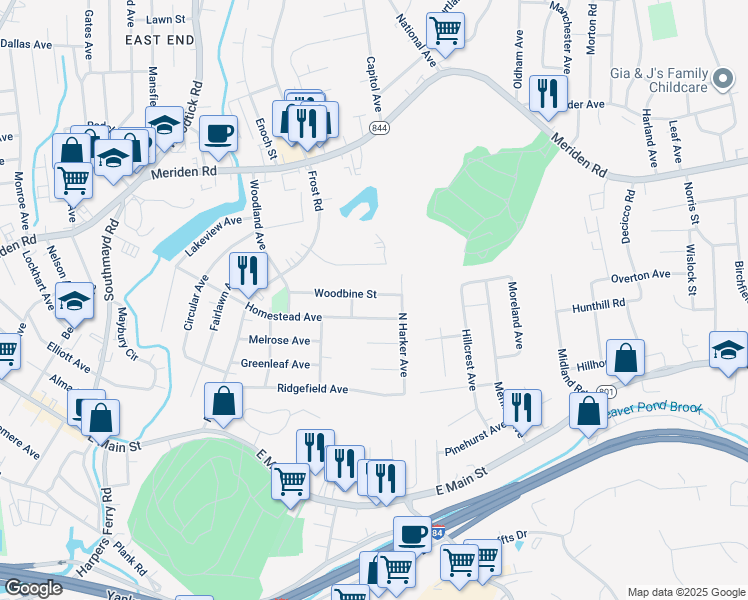 map of restaurants, bars, coffee shops, grocery stores, and more near 132 Woodbine Street in Waterbury