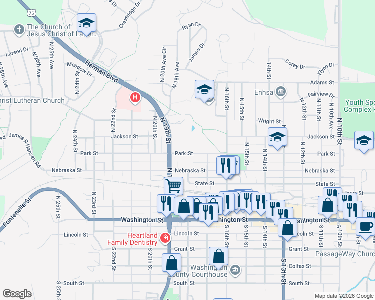 map of restaurants, bars, coffee shops, grocery stores, and more near 1776 Park Street in Blair