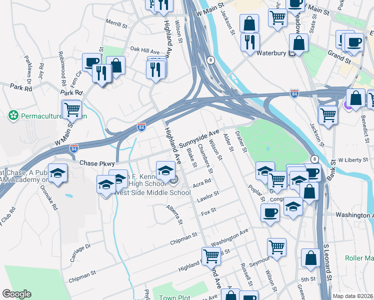 map of restaurants, bars, coffee shops, grocery stores, and more near 173 Sunnyside Avenue in Waterbury