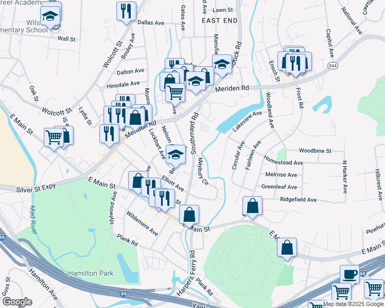 map of restaurants, bars, coffee shops, grocery stores, and more near 155 Southmayd Road in Waterbury