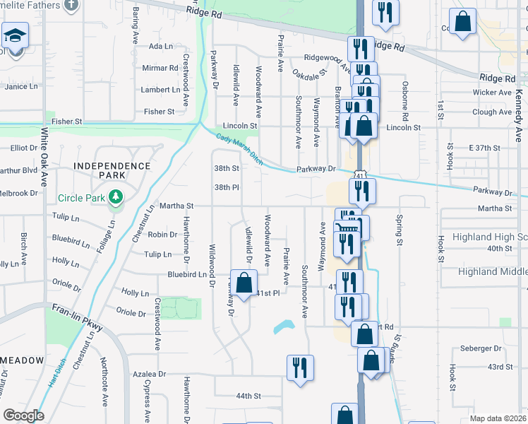 map of restaurants, bars, coffee shops, grocery stores, and more near 2127-2129 Martha Street in Highland