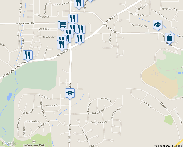 map of restaurants, bars, coffee shops, grocery stores, and more near 2505 Devils Glen Road in Bettendorf