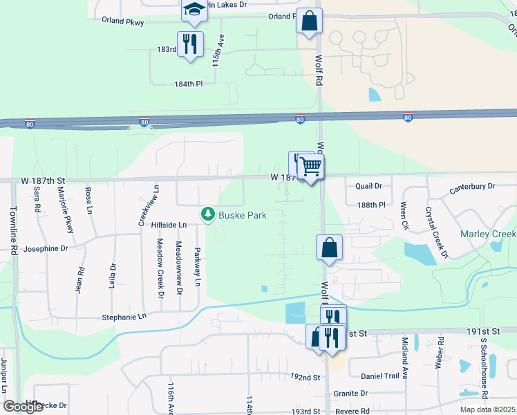 map of restaurants, bars, coffee shops, grocery stores, and more near 18802 113th Avenue in Mokena