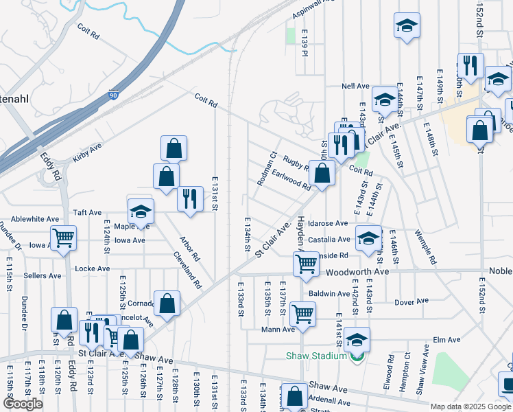 map of restaurants, bars, coffee shops, grocery stores, and more near 13414 Ashburton Road in Cleveland