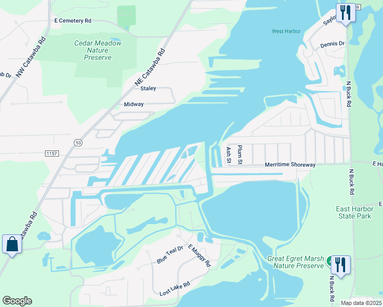 map of restaurants, bars, coffee shops, grocery stores, and more near 1745 North Windward Drive in Port Clinton