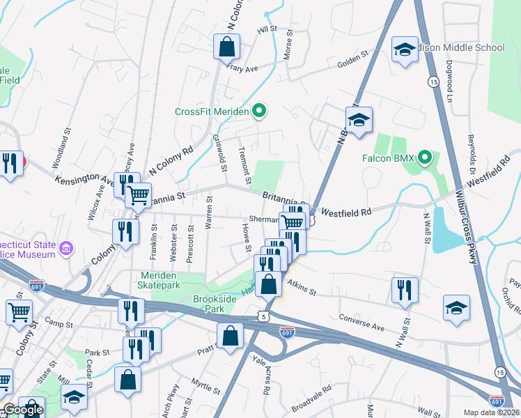 map of restaurants, bars, coffee shops, grocery stores, and more near 217 Britannia Street in Meriden