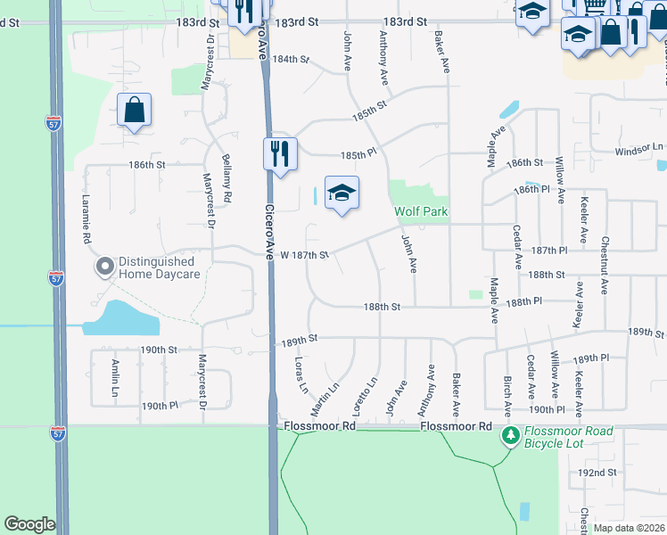 map of restaurants, bars, coffee shops, grocery stores, and more near 18701 Loras Lane in Country Club Hills