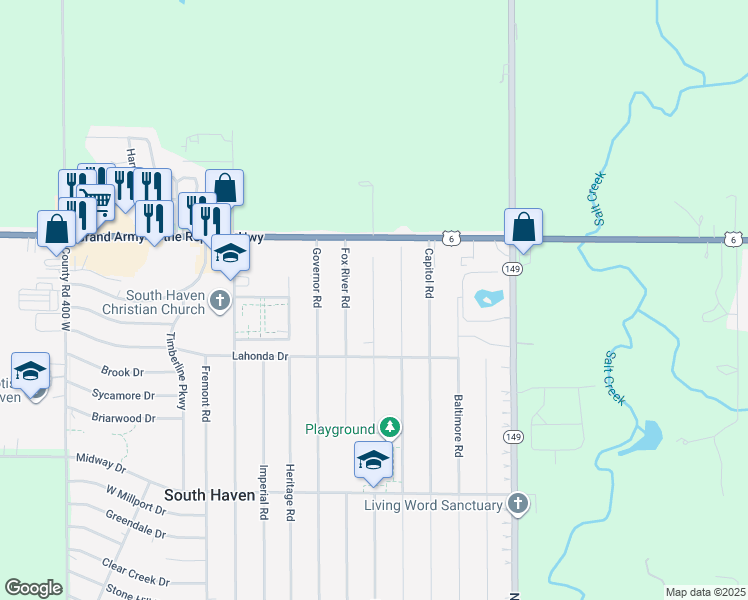 map of restaurants, bars, coffee shops, grocery stores, and more near 786 Eagle Creek Rd in Valparaiso