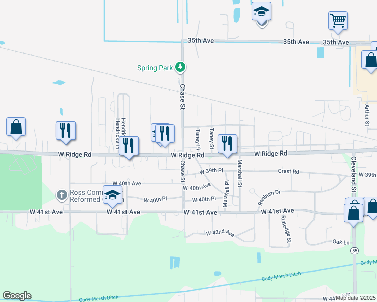 map of restaurants, bars, coffee shops, grocery stores, and more near 3044 West Ridge Road in Gary