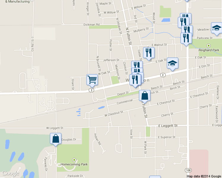 map of restaurants, bars, coffee shops, grocery stores, and more near 307 West Elm Street in Wauseon