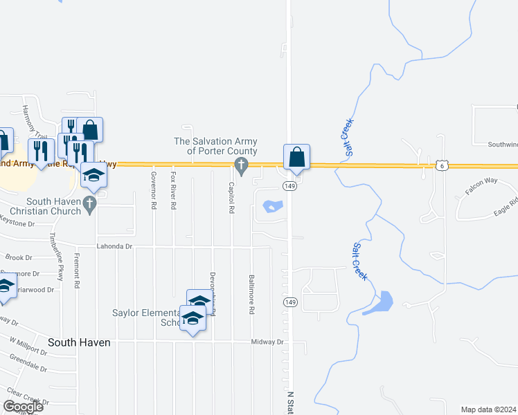map of restaurants, bars, coffee shops, grocery stores, and more near 783 Baltimore Road in Valparaiso