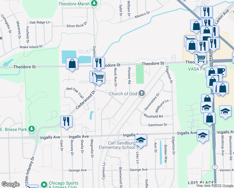 map of restaurants, bars, coffee shops, grocery stores, and more near 1424 Rock Run Drive in Crest Hill