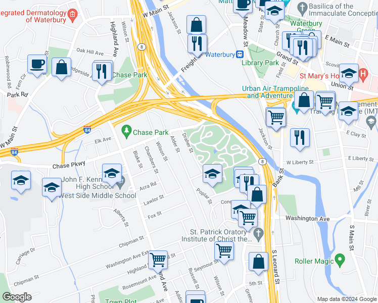 map of restaurants, bars, coffee shops, grocery stores, and more near 119 Draher Avenue in Waterbury